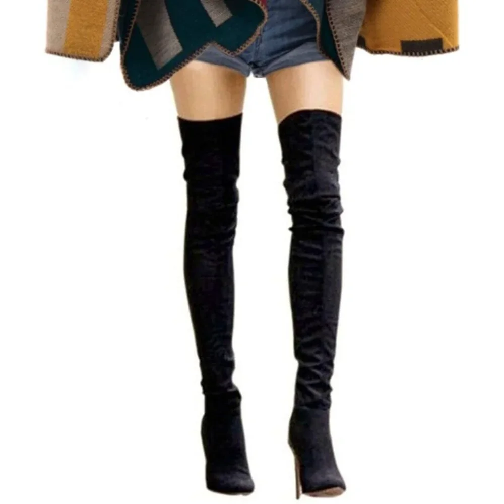 🆕Women Suede Black Over The Knee High Stretchy Leather Thigh High Snow Boots